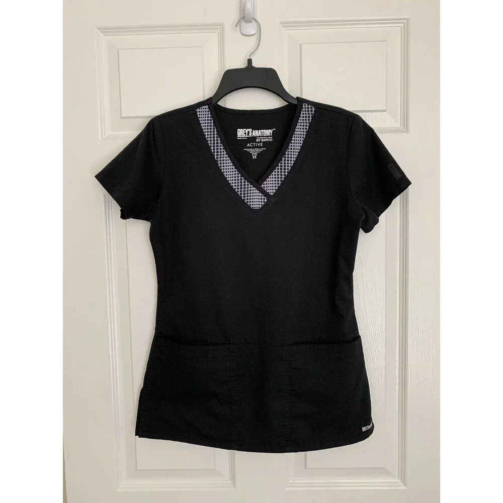 Grey’s Anatomy Active Grid Check Black White Scrub Top 41431 Women's Size XS - Picture 6 of 9